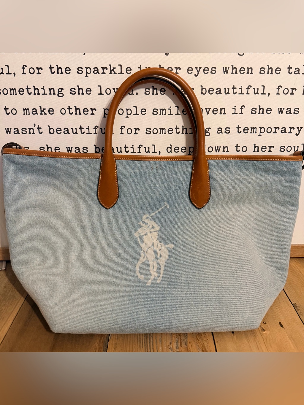 Polo Ralph Lauren Convertible Denim Tote With Tan Leather Handles And Trim